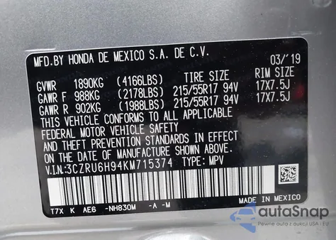 2019 Honda Hr-V Touring из США, поврежденный, VIN 3CZRU6H94KM715374